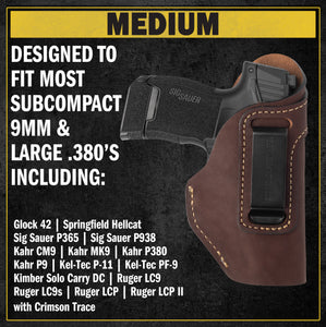 The Defender Leather IWB Holster | Fits Glock 42 | P365 | Hellcat | Lifetime Warranty | Made in USA