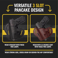Load image into Gallery viewer, Clearance!!! The Ultimate Leather Gun Holster | 3 Slot Pancake Style Belt Holster | Handmade in the USA! | Fits S&amp;W Shield/Glock/XD
