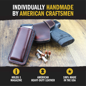 Leather Magazine Holder | Made In USA | Lifetime Warranty | Fits virtually any 9mm, .40, .45 or .380 Pistol Mag | Single or Double Stack | IWB or OWB